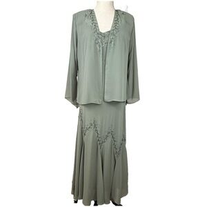 Xscape Joanna Chen Dress Womens 12P Green Beaded Chiffon Formal Gown Jacket Set